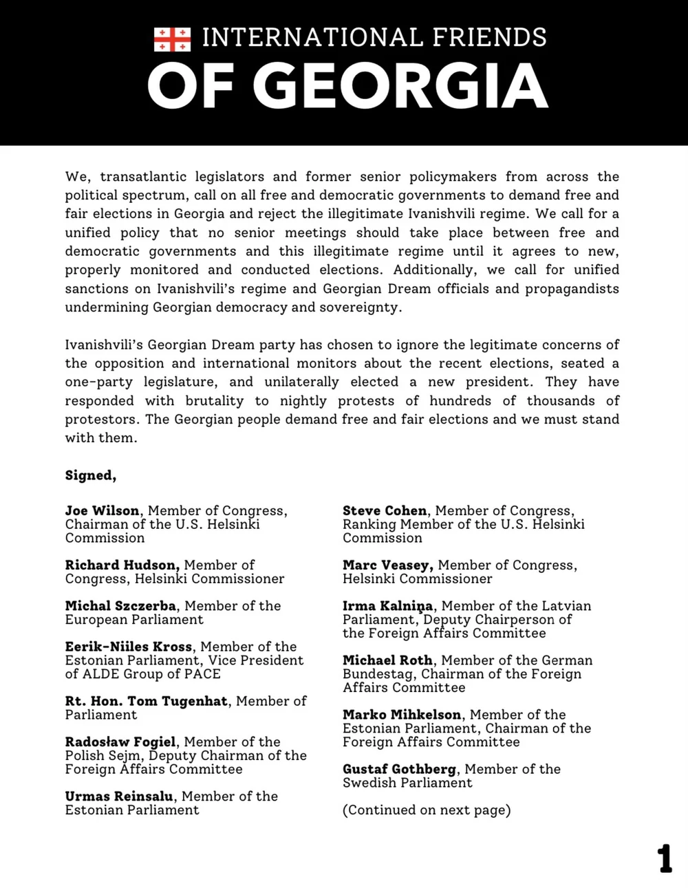 US and European lawmakers and former senior officials call on "all free and democratic governments to demand free and fair elections in Georgia and reject the illegitimate Ivanishvili regime"